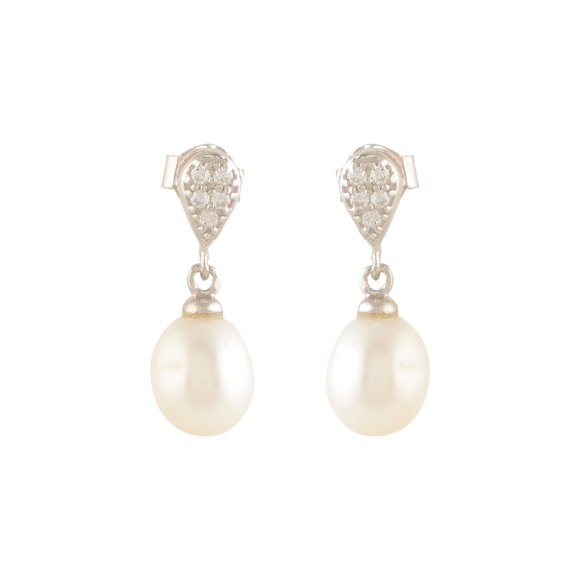 White Pearl Drop Earrings with Shiny Stones